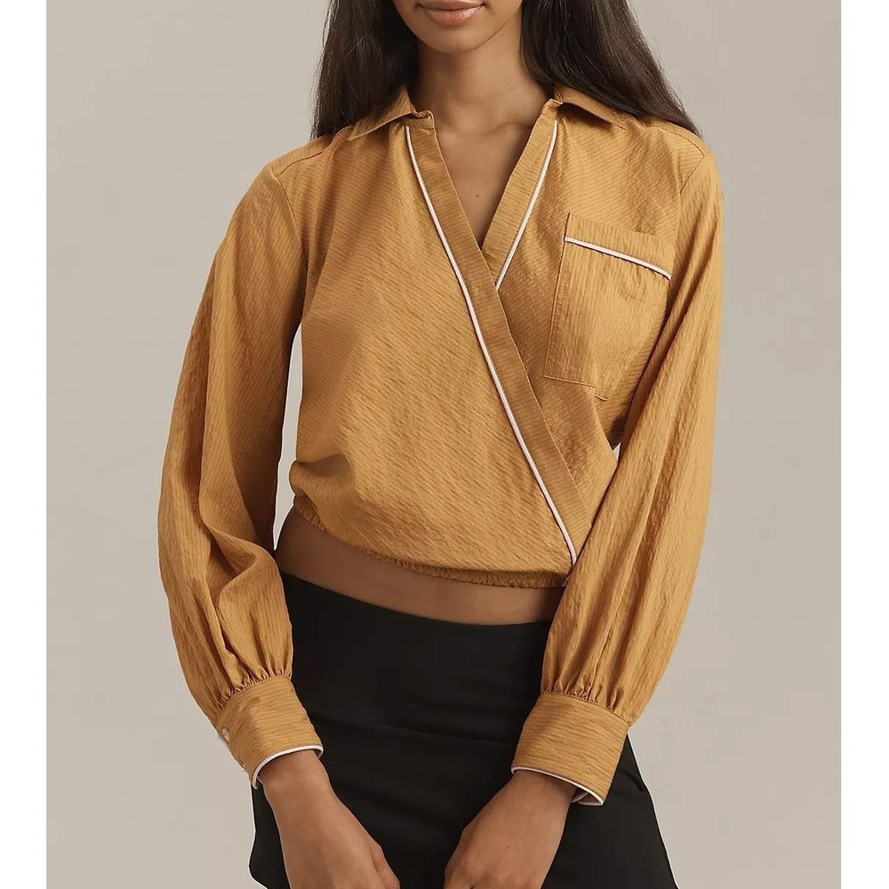 Maeve Blouse Medium Mustard Piped Long Sleeve Wrap Surplice Anthro Boho Preppy